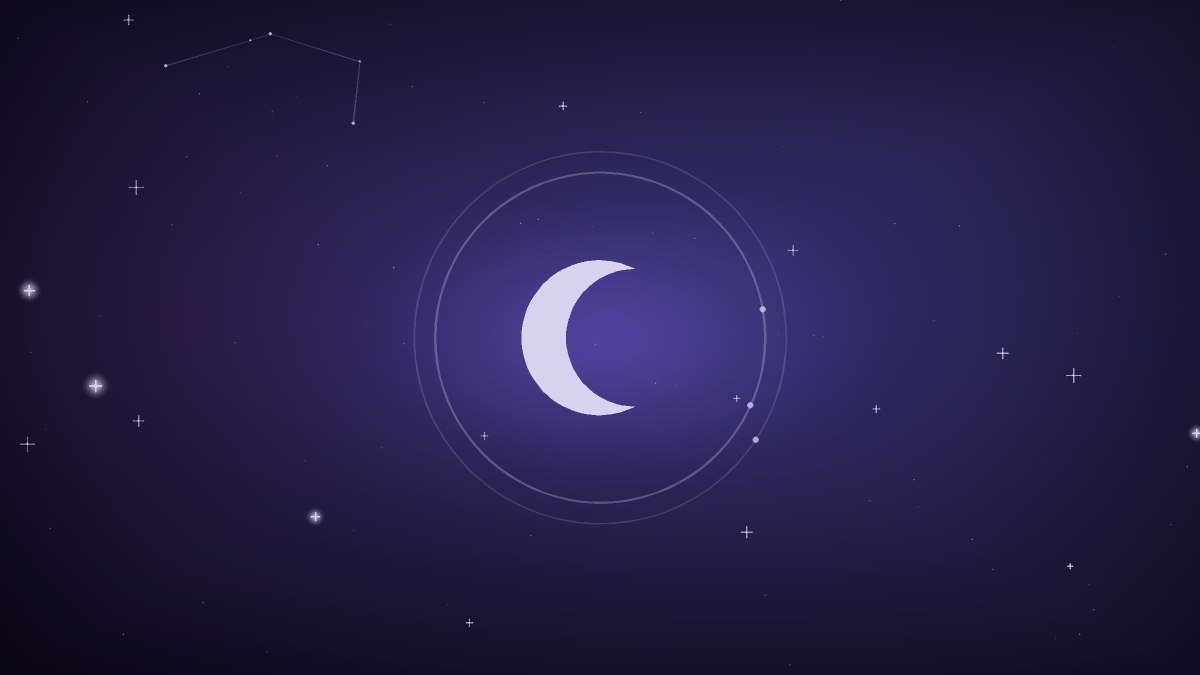 A crescent moon above two empty chairs on a porch