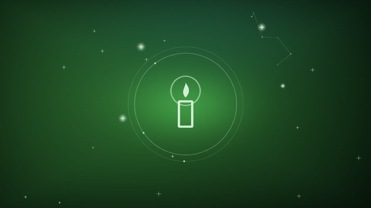 A lit candle drawn in white line on a dark starfield, above the opening section