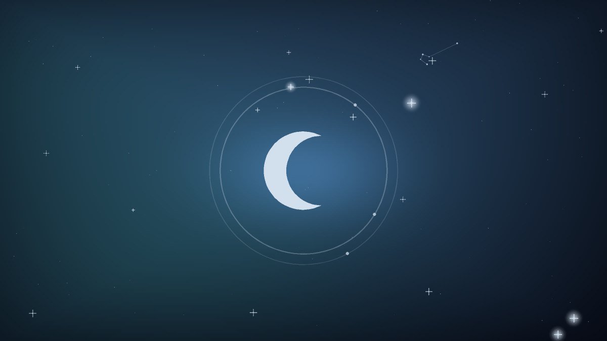 A crescent moon drawn in white line on a dark starfield, at the middle of the article
